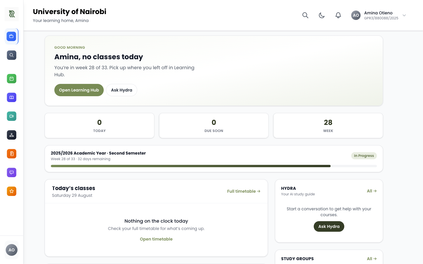 RiverLearn student home showing classes, academic progress, and Ask Hydra