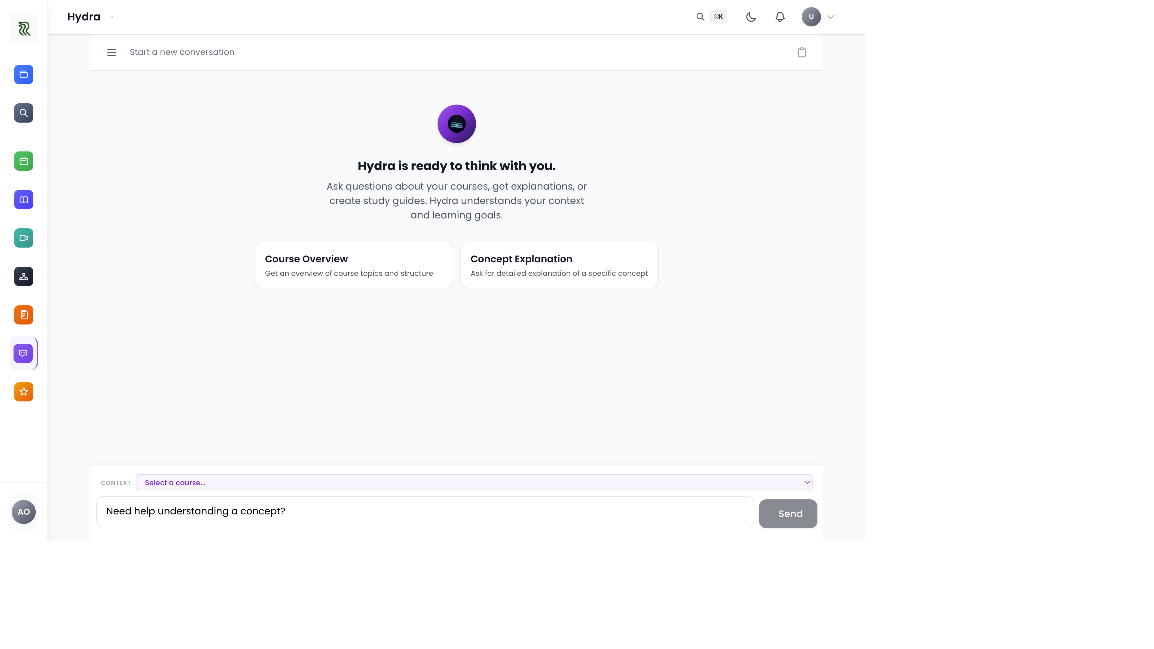 Hydra AI chat ready to answer from your lecturer’s notes