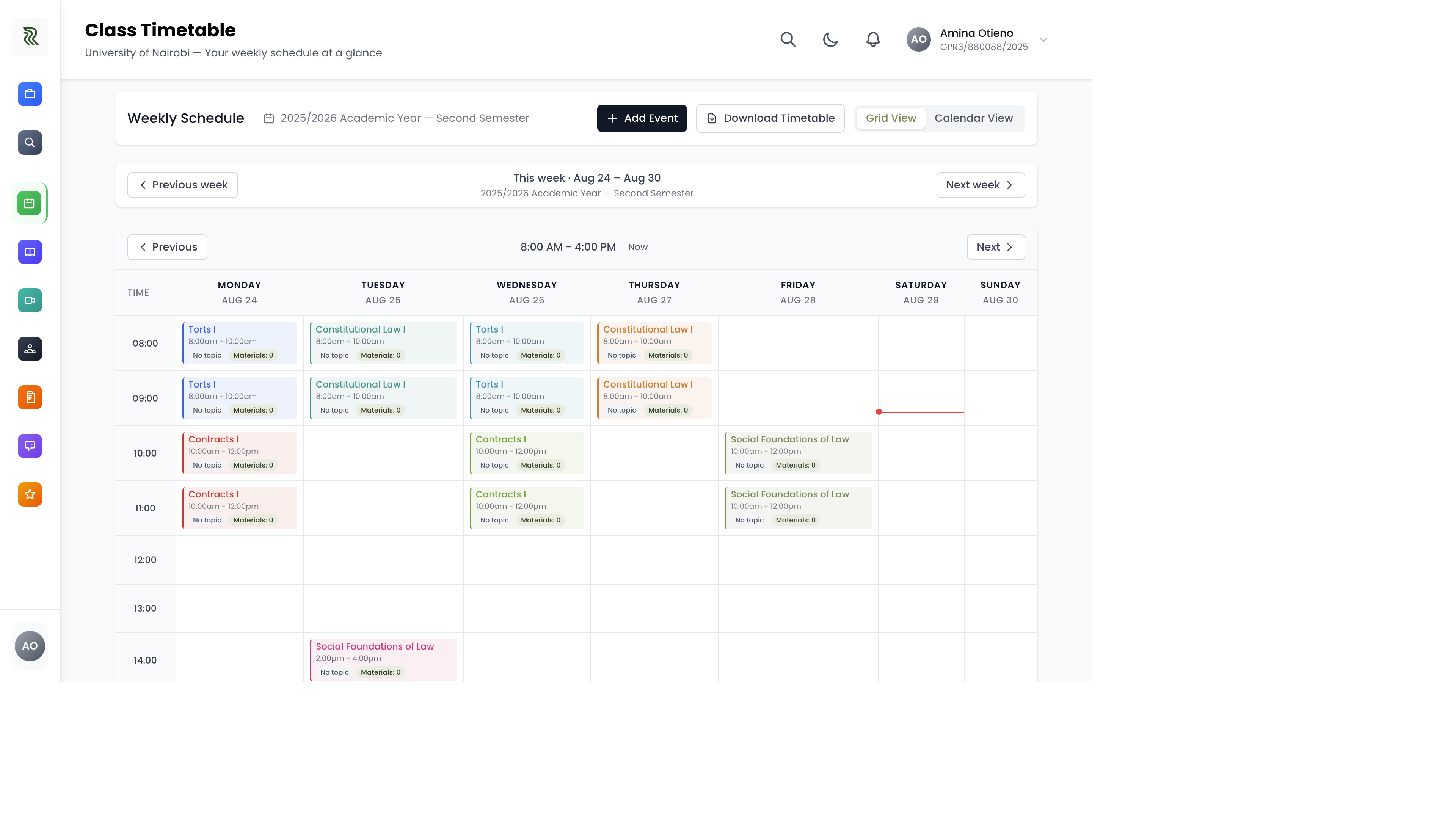 RiverLearn weekly class timetable with Tort, Contracts, and Constitutional Law